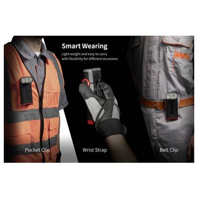 Promotional image of a portable device with 'Smart Wearing' options: pocket clip, wrist strap, and belt clip for easy carrying.