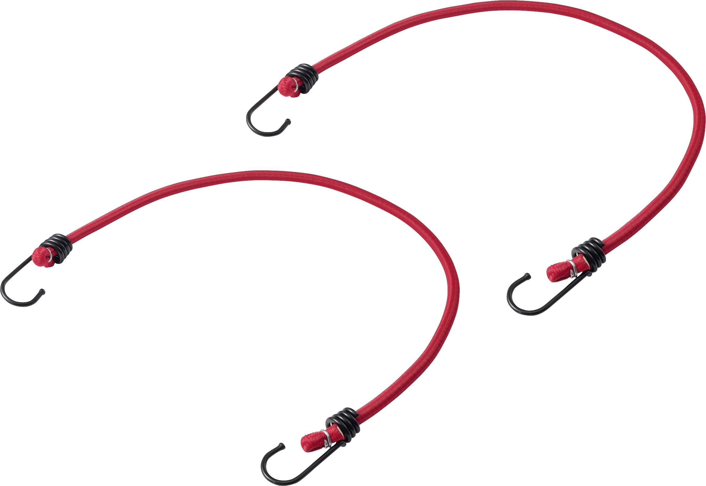Two red elastic bungee cords with black hooks shown on a white background.