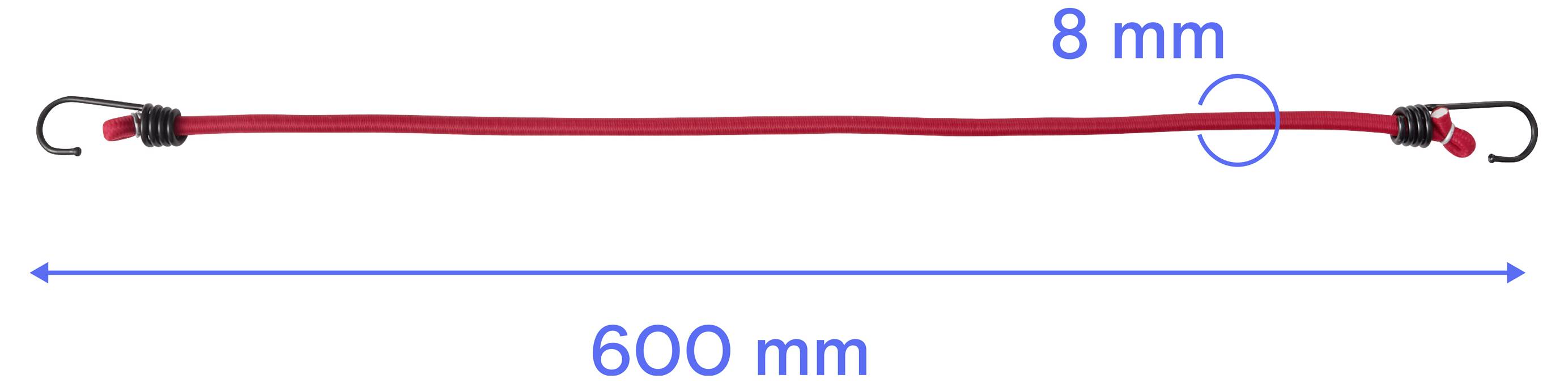 A red cable with hooks on both ends, labeled 8 mm diameter and 600 mm length.<br>