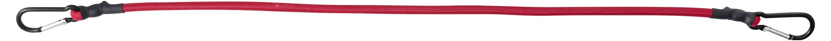 Red dog leash with black clips on both ends, stretched horizontally on a white background.