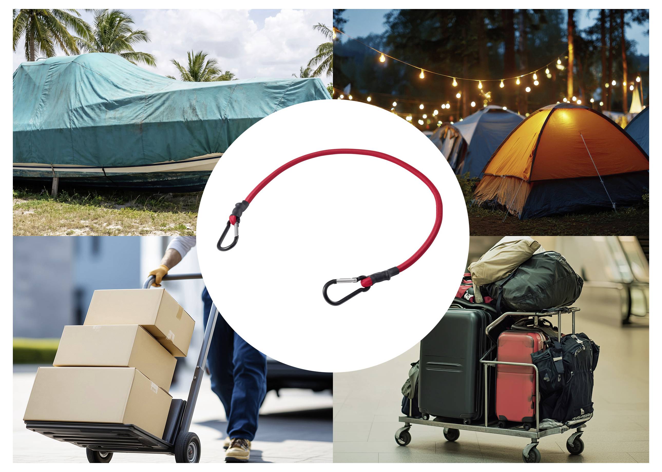 Red luggage strap with metal hooks shown over travel scenes: covered boat, lit campsite, moving boxes, and stacked suitcases.