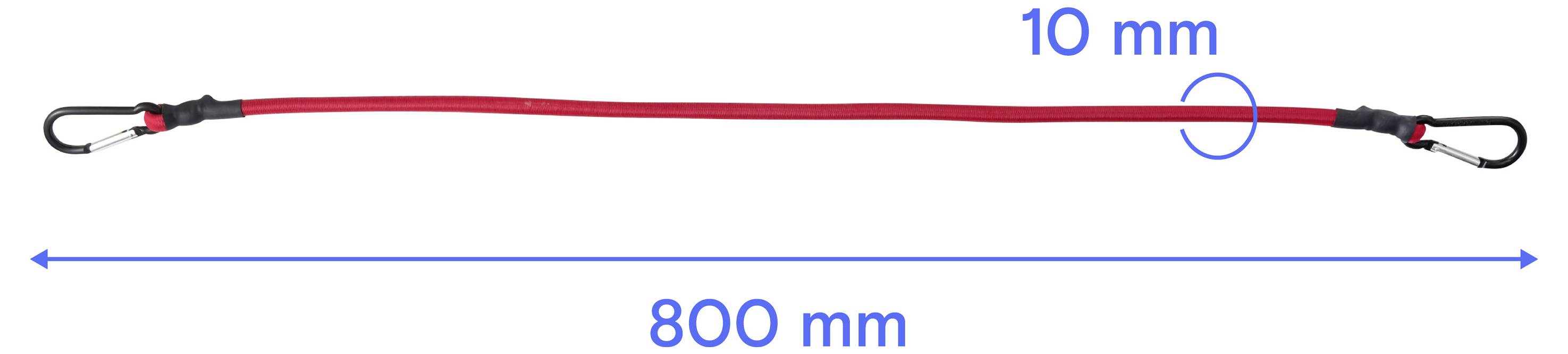 A red lanyard or cord with clips on both ends, labeled 10 mm near one end and 800 mm overall length.