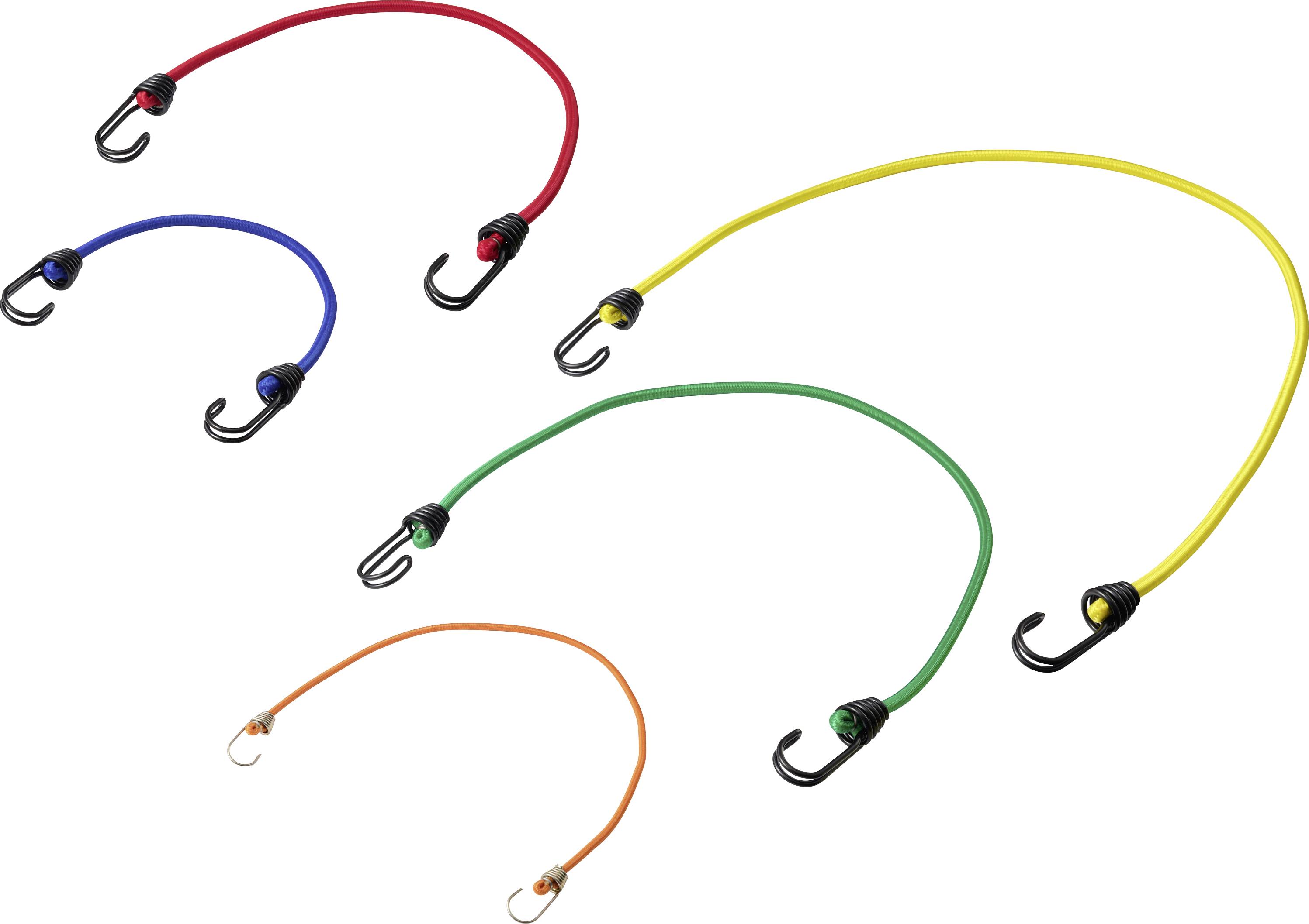 Five colored bungee cords with metal hooks—red, blue, yellow, green, and orange—displayed on a white background.<br>