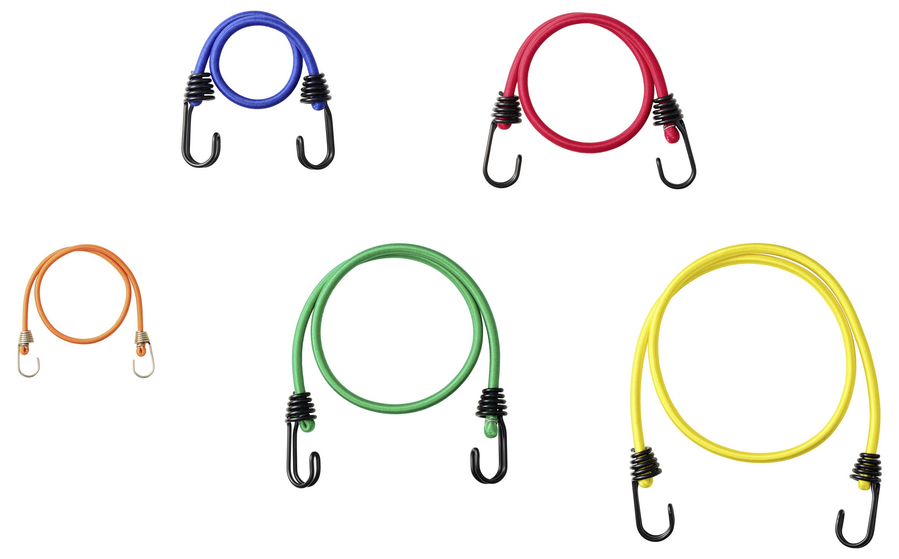 Five colorful coiled cables with black hook ends, shown in blue, red, orange, green, and yellow on a white background.