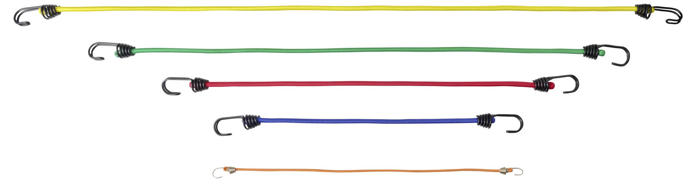 Five color-coded tension cords with metal hooks—yellow, green, red, blue, and orange—displayed in descending lengths on a white background.