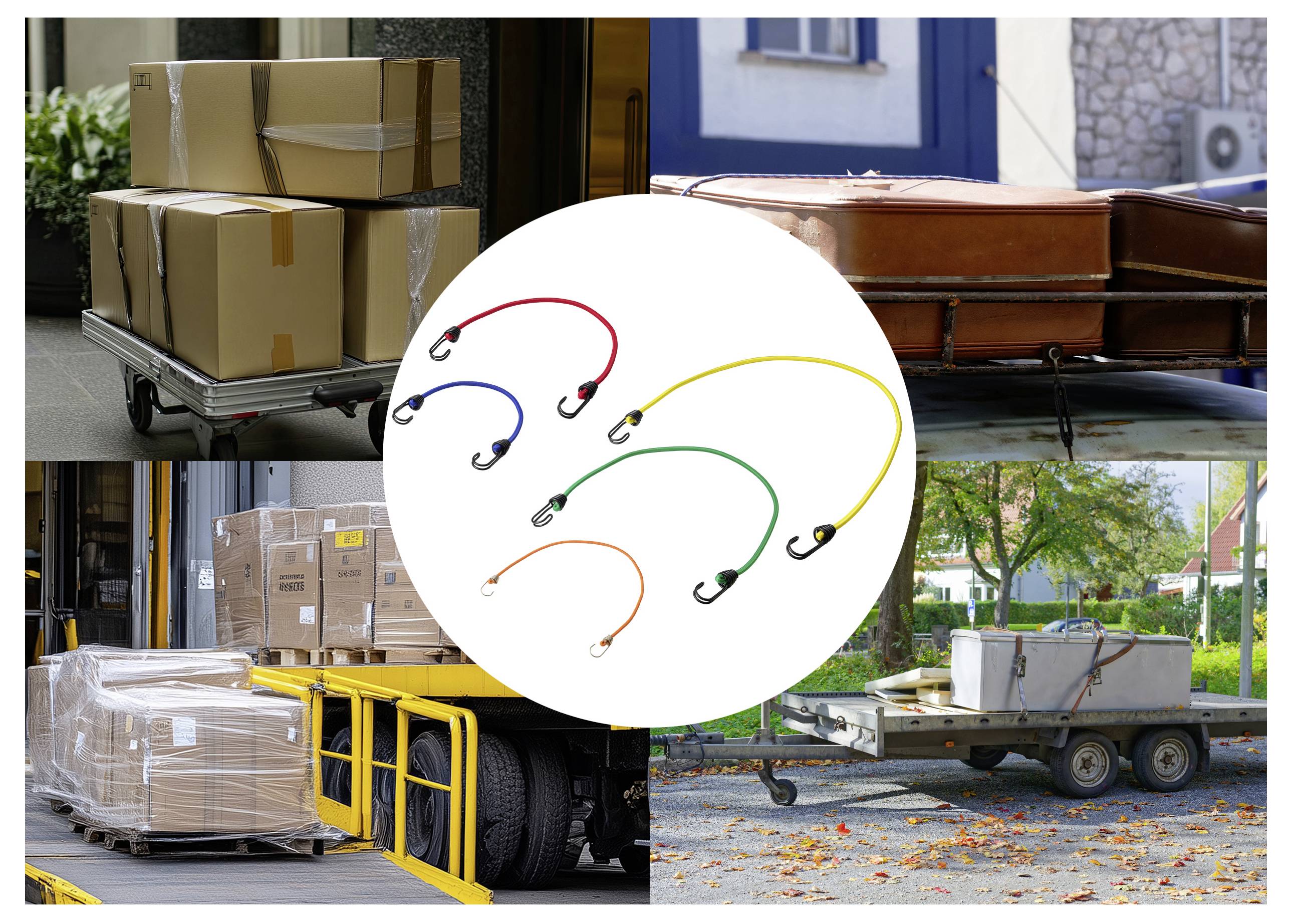 Collage of moving cargo and luggage on carts and trucks, with colored bungee cords in the center, showing ways to secure loads for transport.