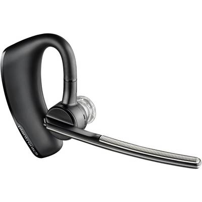 Black Bluetooth headset earpiece with over-the-ear hook and long microphone boom on white background.