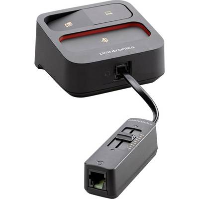 Plantronics charging base with a detachable inline control module connected by cable, showing call and mute buttons.