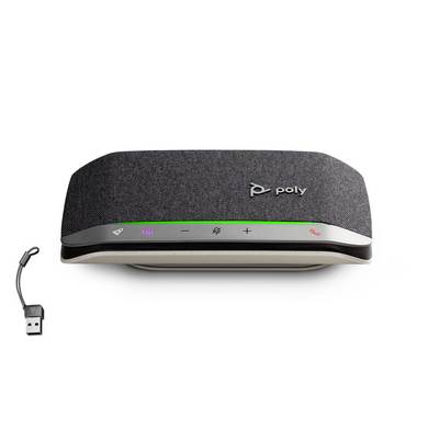 Poly USB speakerphone with fabric top, mute, volume, and call controls; USB cable shown beside it.