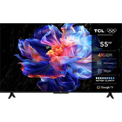 A vibrant TV screen displays a colorful abstract flower design. Text highlights: 'TCL, 55", 4K HDR, Google TV, Motion Clarity, AIPQ Processor, HVA Panel'.