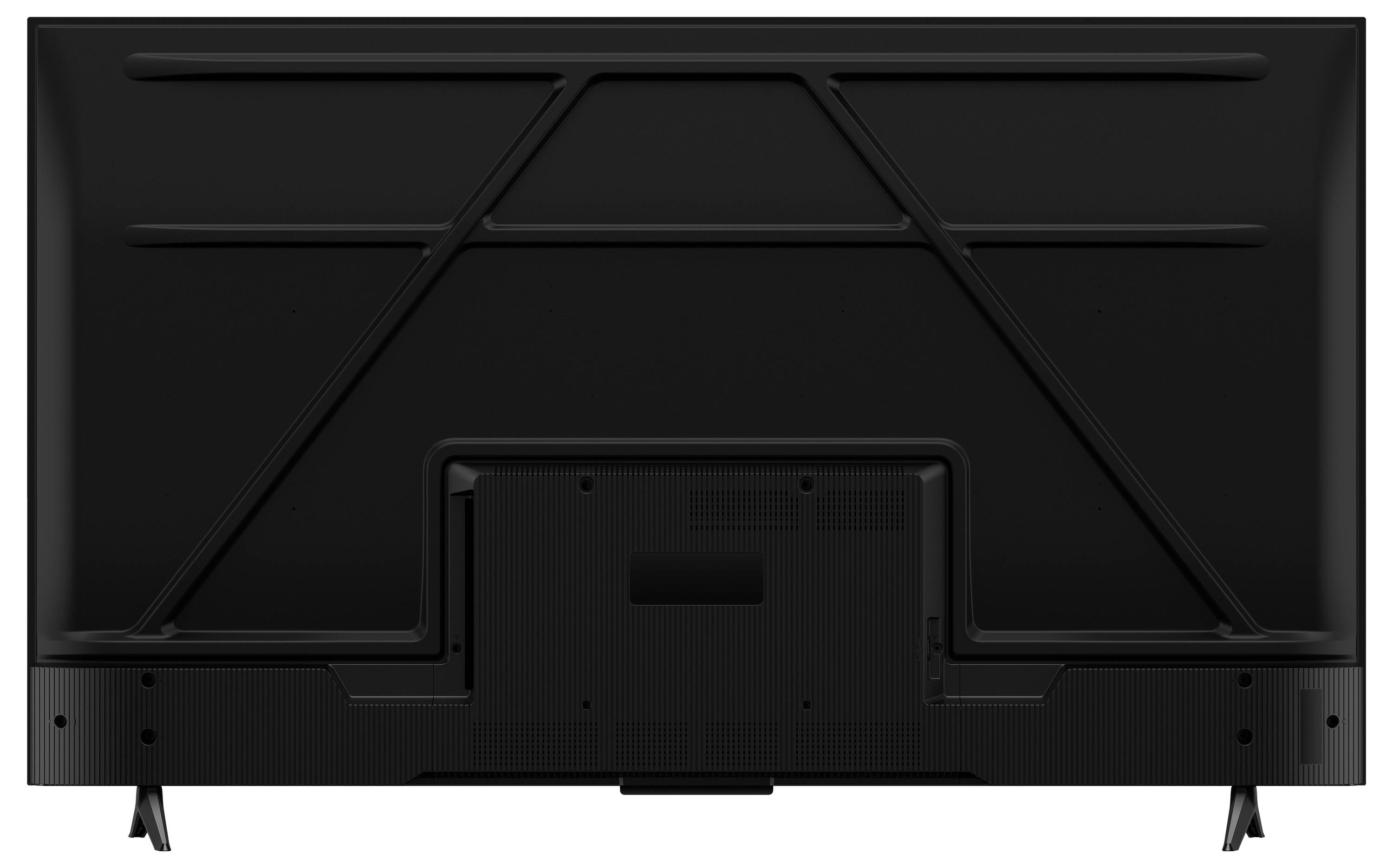 Back view of a large flat-screen television, showing ports and inputs, mounted on a stand.