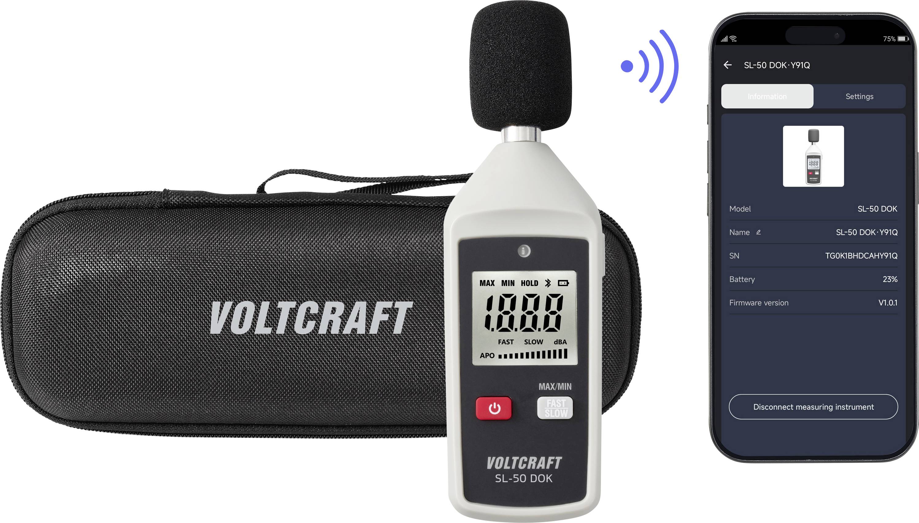 Portable VOLTCRAFT sound level meter with case and smartphone app displaying a wireless connection and device settings.