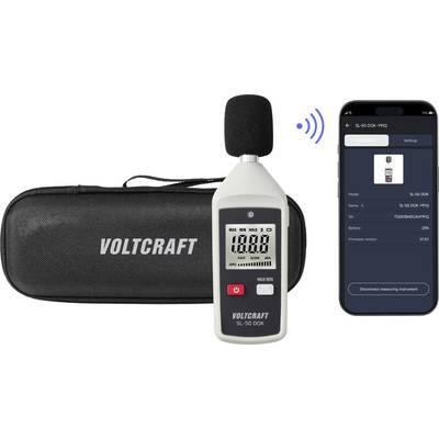 Portable VOLTCRAFT sound level meter with case and smartphone app displaying a wireless connection and device settings.