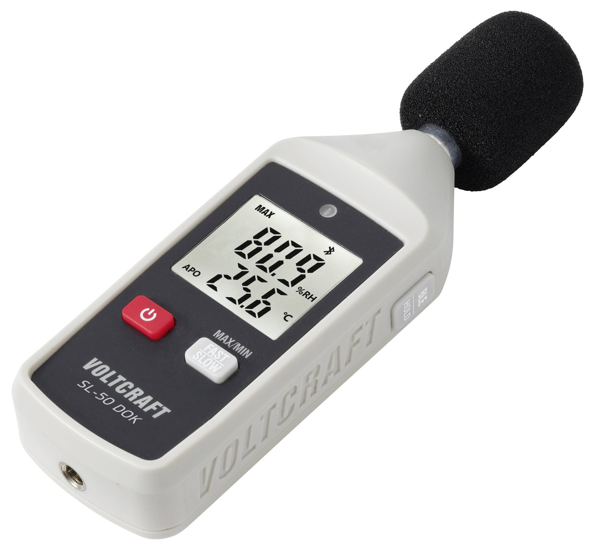 Digital sound level meter with foam windscreen, showing a readout of 87.9 dB and A/C weighting controls, on a white background