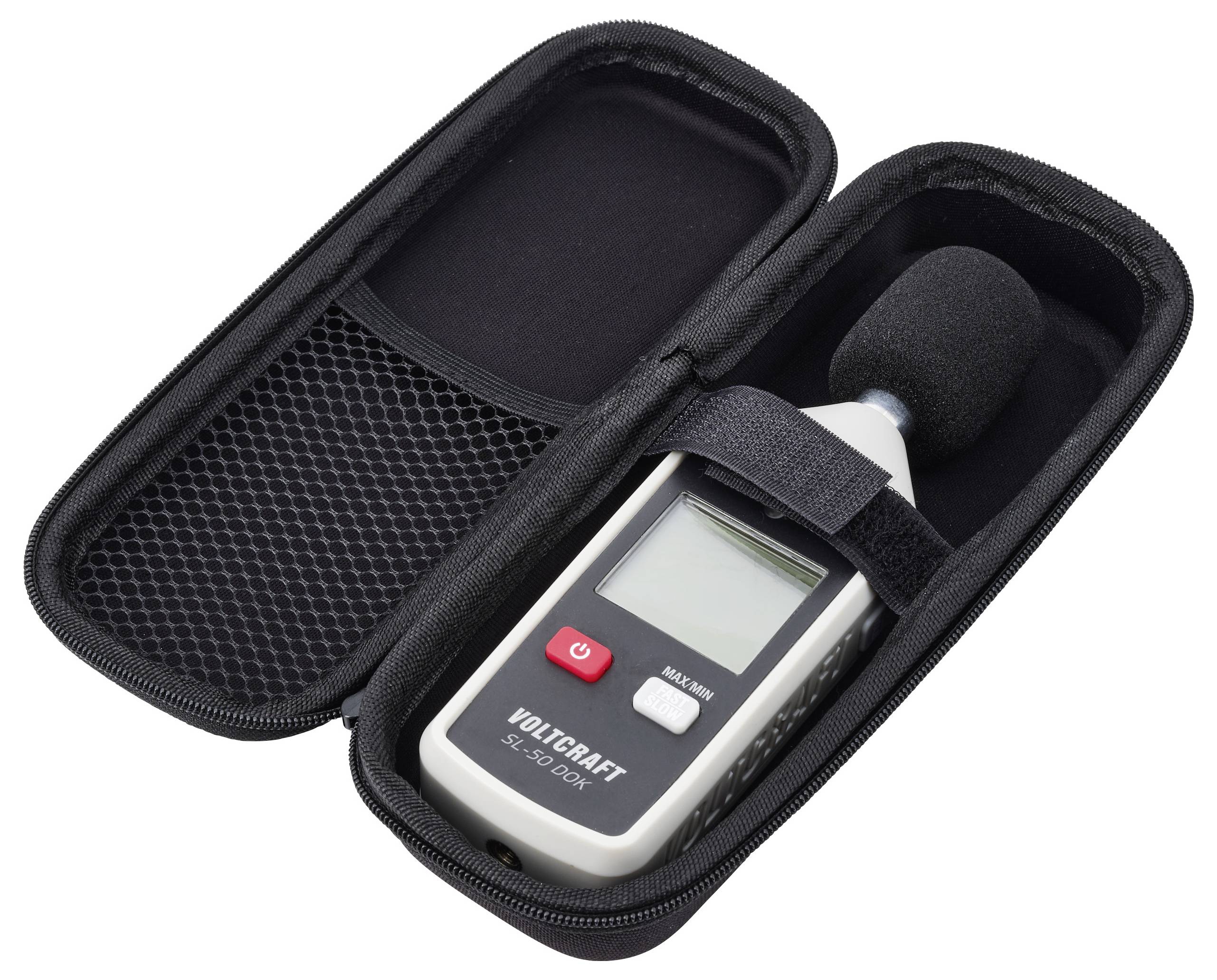 Portable VOLTCRAFT sound level meter in an open black carrying case with foam windscreen and mesh pocket.