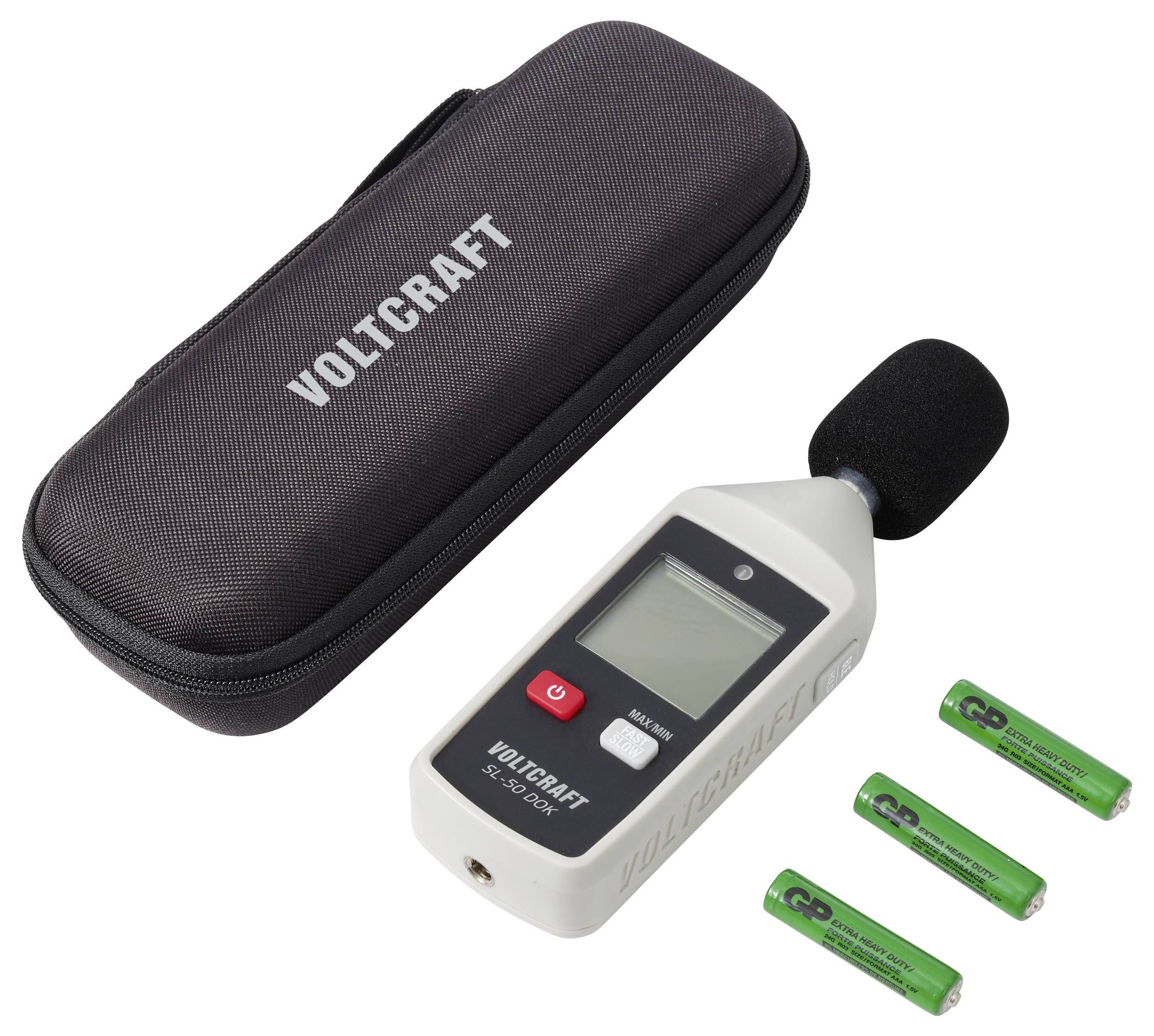 Voltcraft sound level meter with foam microphone, carrying case, and three batteries on a white background.