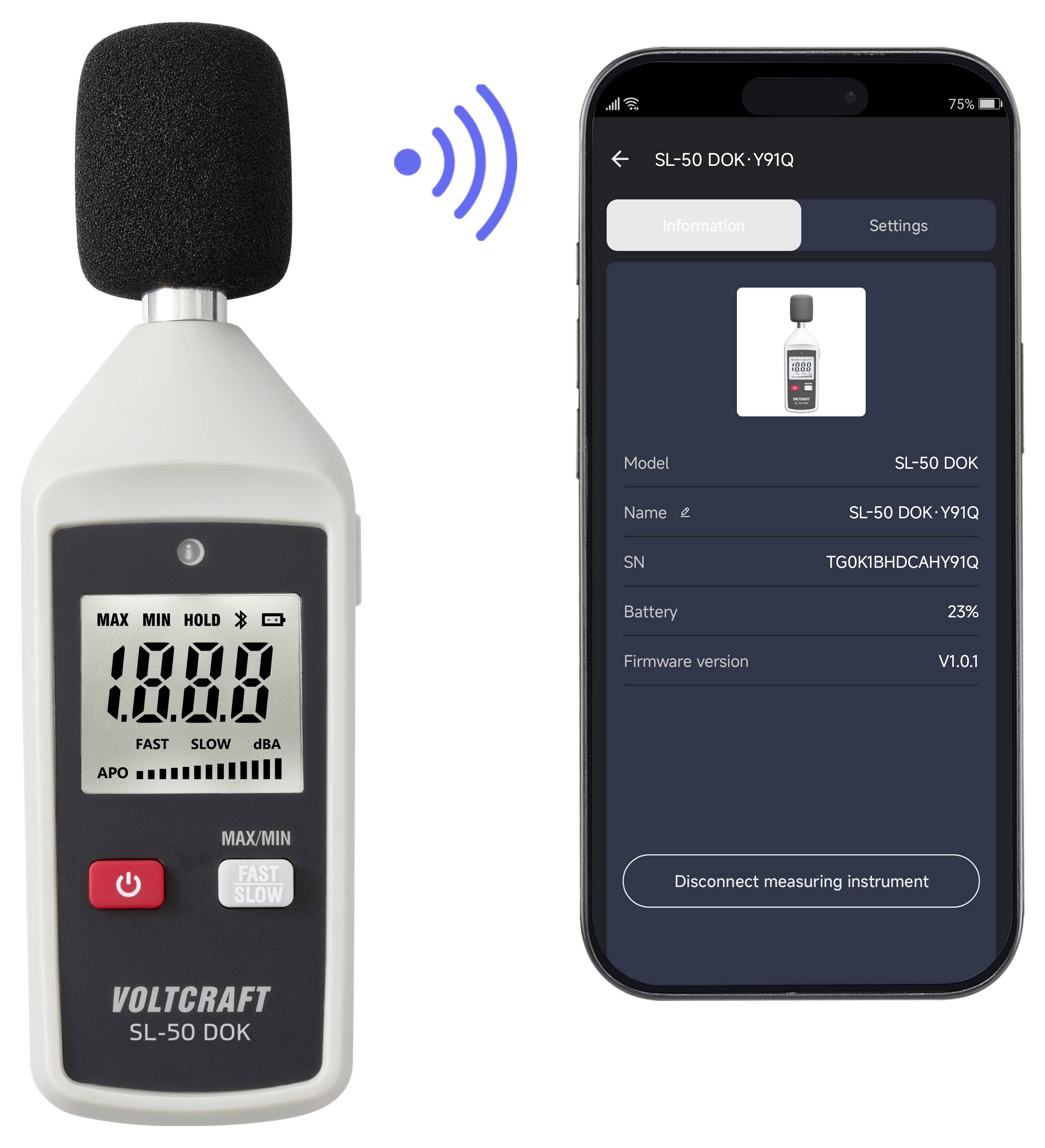 Sound level meter with foam windscreen connected by wireless signal to a smartphone app showing device information and battery status.