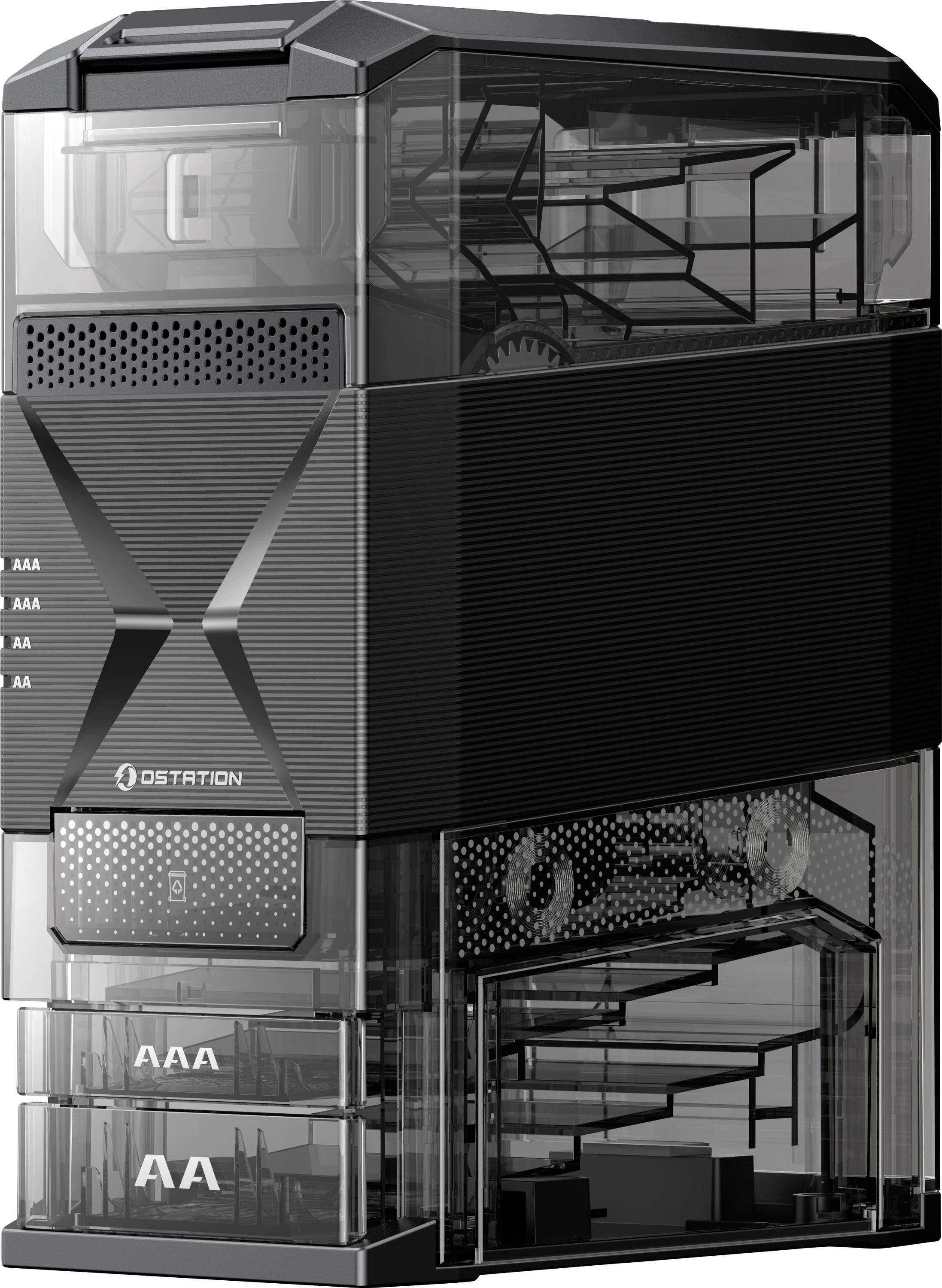 A sleek, black gaming computer tower with a transparent side panel showing internal components and a logo 'Ostation' on the front.