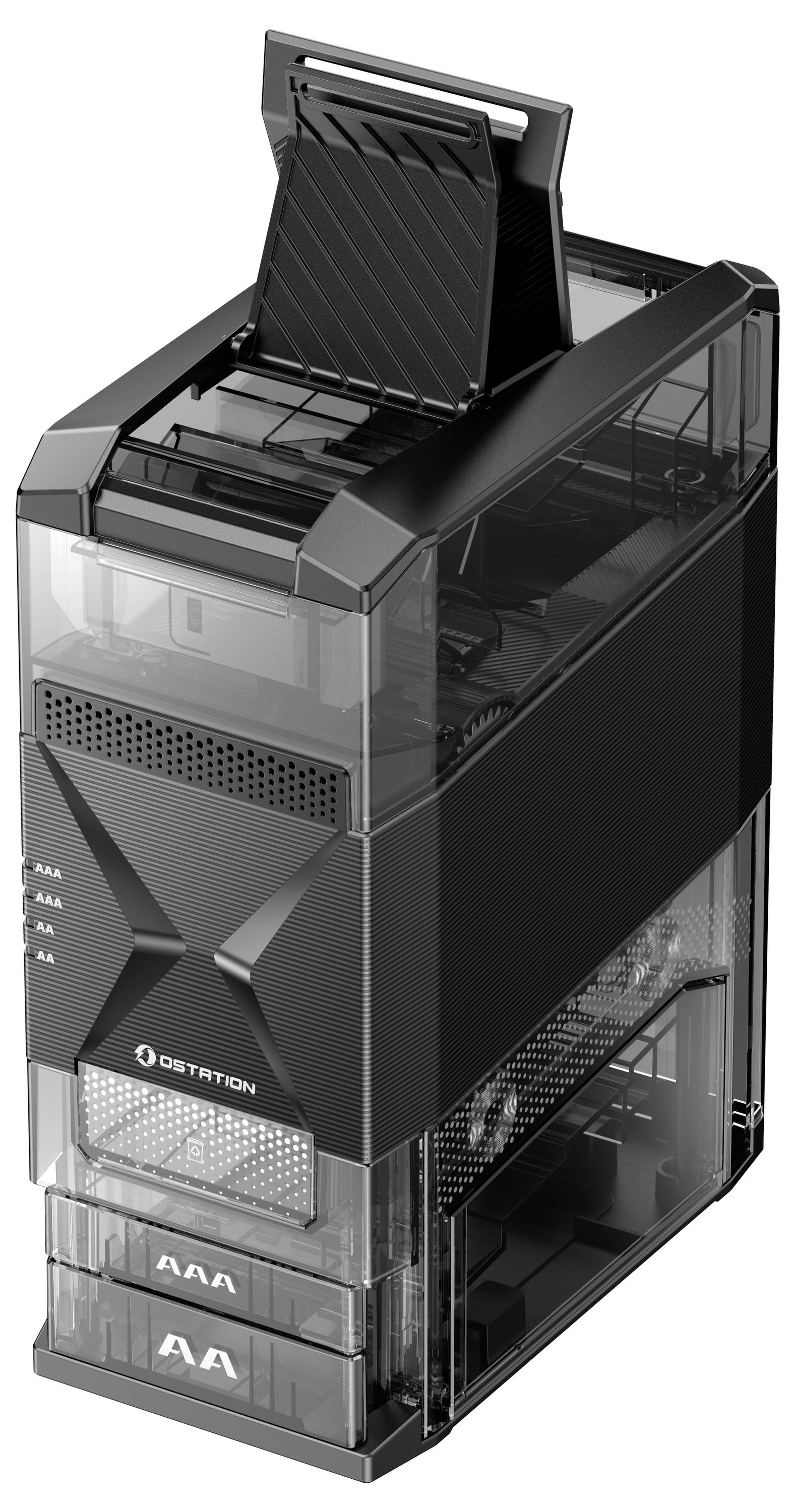 A sleek black computer tower with angular design, featuring visible cooling vents and a transparent side panel displaying internal components.