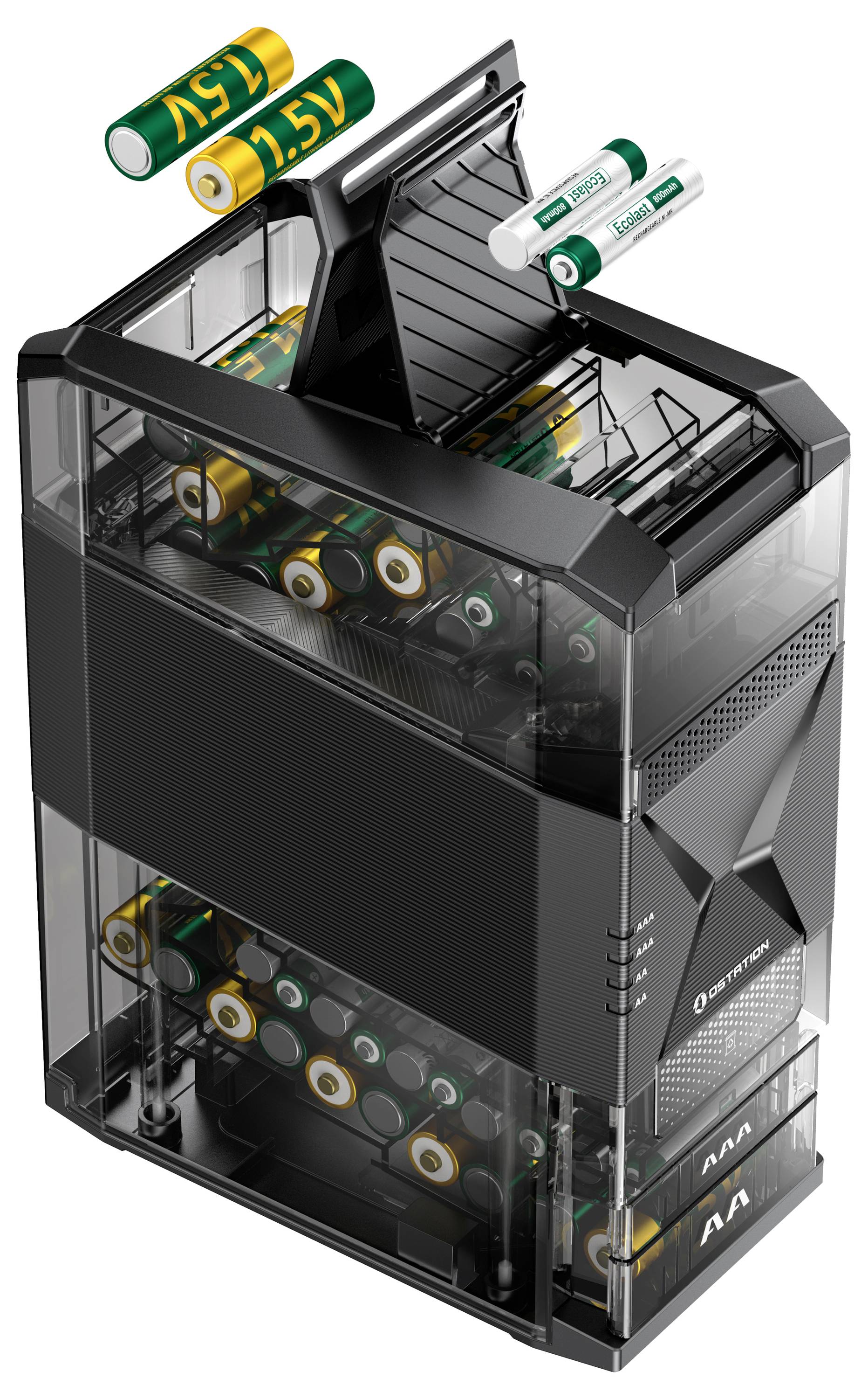 A vertical battery organizer holding various sizes of batteries, including AA and AAA, with some 1.5V batteries floating above.