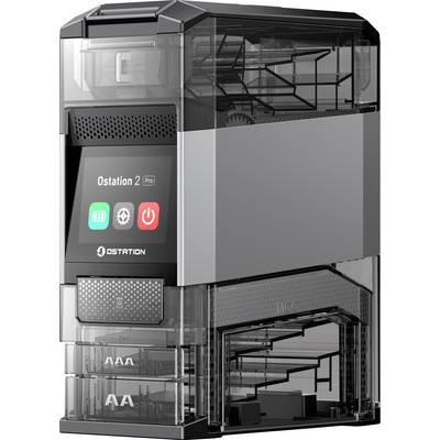 A sleek, transparent 3D printer labeled 'Ostation 2 Pro' with a digital display and storage for AAA and AA batteries.