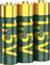 Three green and gold AA batteries standing upright, labeled '1.5V' in gold text, indicating their voltage.