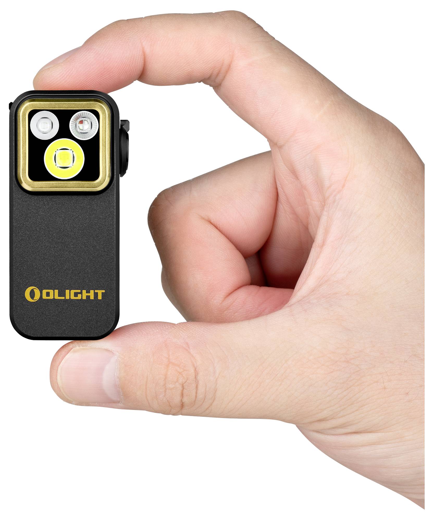 A hand holding a small black flashlight, the 'Olight' logo visible. The flashlight features a dual-light design with a bright LED.