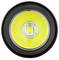'A close-up of a round LED light bulb with a yellow glow in the center, surrounded by a black circular frame.'