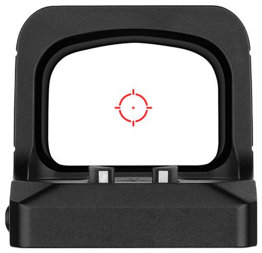 A red crosshair reticle is displayed in the center of a black gun sight, viewed from the back.