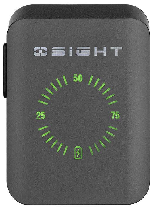 'A black rectangular device with a circular LED indicator displaying numbers from 0 to 75 and a charging symbol at the bottom.'