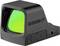 A compact, black reflex sight with a green illuminated lens, featuring adjustment buttons on the side.