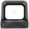 A black gun sight with a green illuminated reticle in the center of a clear lens, used for aiming in firearms.