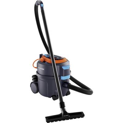 A grey and blue Nilfisk vacuum cleaner with an attached wand and hose, featuring a bright orange cord wrapped around the top.