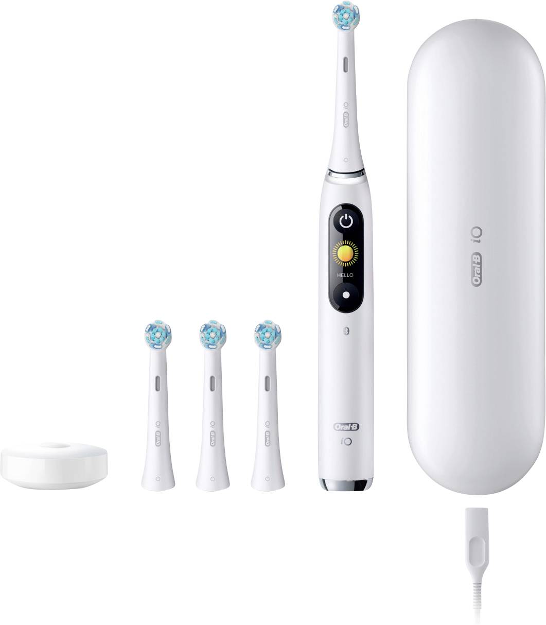 Electric toothbrush with replaceable heads, a charging stand, and protective travel case.