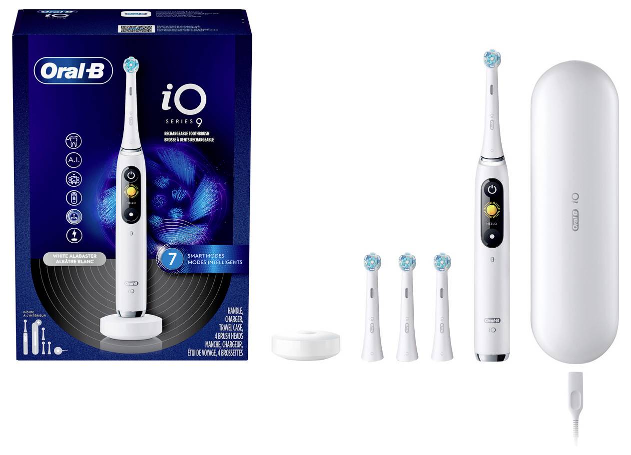 'Oral-B iO Series 9' electric toothbrush shown with box, three extra brush heads, charging stand, and travel case.