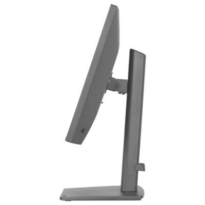 Profile view of a gray computer monitor on a stand, showing the screen's thin design and adjustable tilt mechanism.