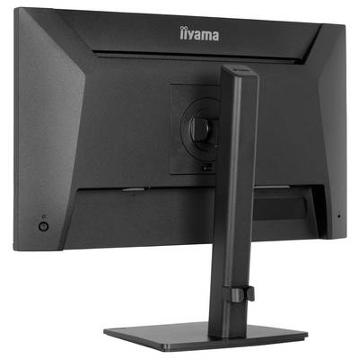 'A iiyama' brand computer monitor, viewed from behind, shown in a vertical orientation with a rectangular stand.