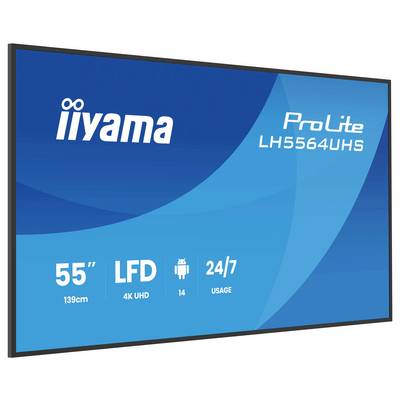 Display screen showcasing 'iiyama ProLite LH5564UHS', 55 inches, 4K UHD, designed for 24/7 usage, featuring an Android operating system.
