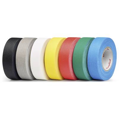 Rolls of colored adhesive tape in black, gray, white, yellow, red, green, and blue, arranged in a row from left to right.