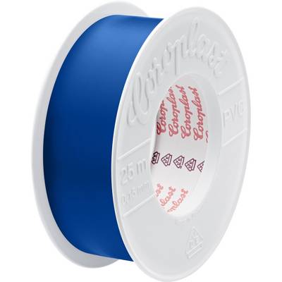 A spool of blue PVC tape, labeled '26 meters, 0.15 mm', with branding on the inside rim.