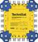 A rectangular, blue and yellow multiswitch device labeled 'TechniSat TECHNISWITCH 5/8 G/K' with multiple coaxial cable inputs and outputs.