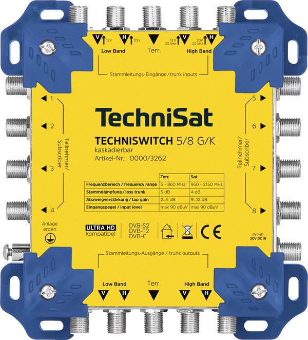 TechniSat TECHNISWITCH 5/8 G/K SAT multiswitch Inputs (multiswitches): 5 (4 SAT/1 terrestrial) No. of participants: 8