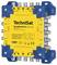 A yellow and blue Technisat multiswitch used to connect satellite signals, labeled 'Techniswitch 5/8 G/K', with multiple input and output ports.