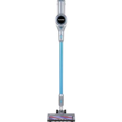 A cordless vacuum cleaner with a blue and silver design, upright position, featuring a motorized brush head and 'Technisat' branding.