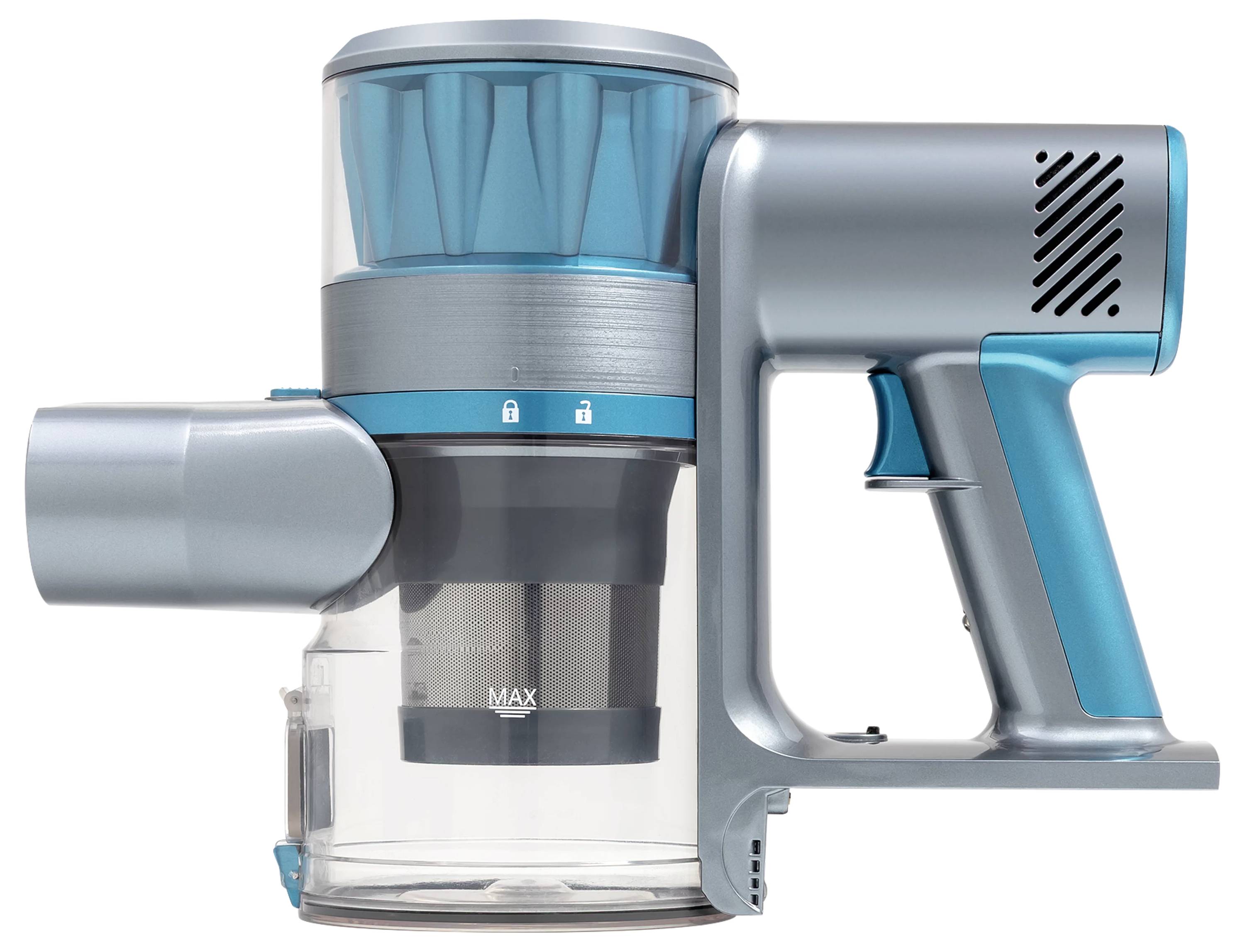 A close-up image of a gray and blue cordless handheld vacuum cleaner, showing its transparent dust container and ergonomic handle.