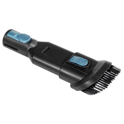 A black vacuum cleaner attachment with bristles, featuring blue buttons for functionality, designed for cleaning surfaces and crevices.