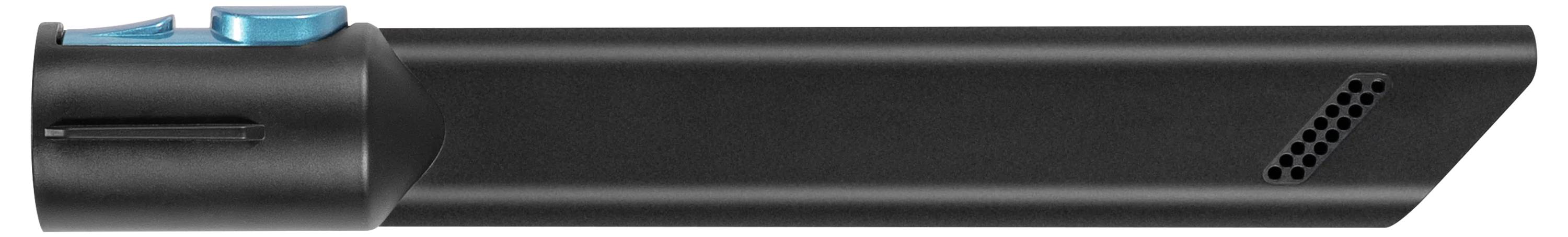A black handheld vacuum cleaner with a blue button and a small vent, designed for cleaning narrow spaces.