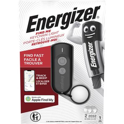 'Energizer' keychain light packaging showing product image, 'Find Me' feature powered by Apple Find My, and 2 CR2032 batteries included.