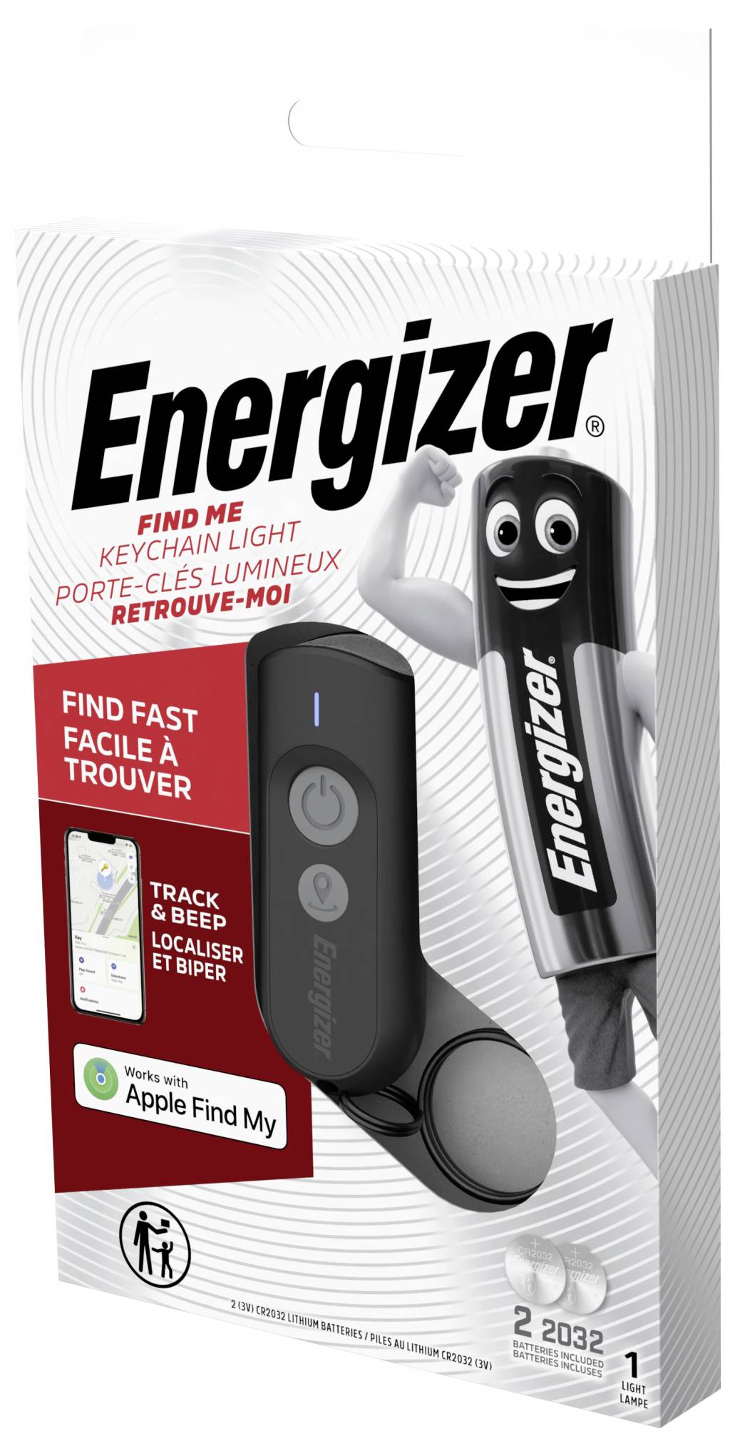'Energizer Find Me' keychain light packaging, featuring a smiling battery icon. Includes Apple Find My compatibility and map illustration.