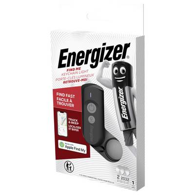 'Energizer Find Me' keychain light packaging, featuring a smiling battery icon. Includes Apple Find My compatibility and map illustration.